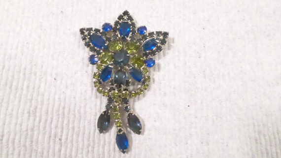 Vintage Rhinestone Brooch, Blue & Green Stone Bro… - image 1