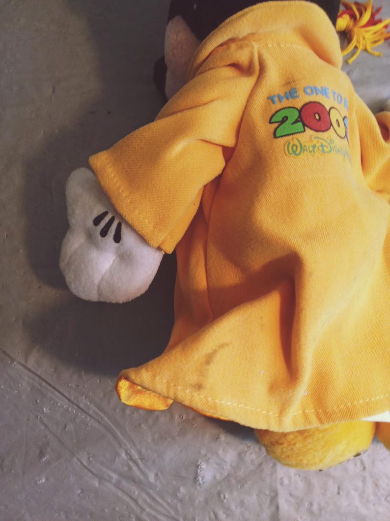Puede incluir: Un peluche de Mickey Mouse con una chaqueta amarilla con el texto "THE ONE TO 2000 Walt Disney" impreso en la espalda. La chaqueta tiene mangas largas y un cuello. Se ve la mano enguantada blanca de Mickey. El juguete est&aacute; sobre una superficie gris.