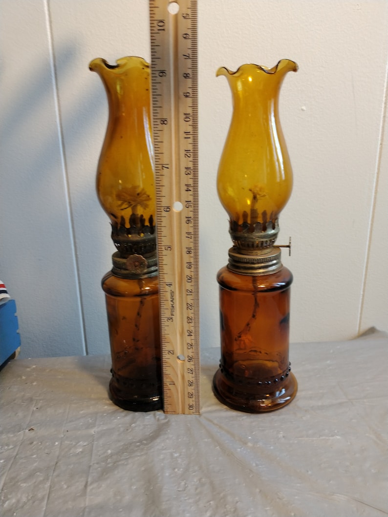 Pair 9 1/4 Vintage Amber Glass Oil Lamps Hong Kong Oil Etsy