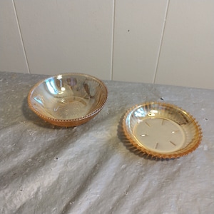 2pc Vintage Amber Orange Carnival Glass Iris Bowl & Ribbed Bowl