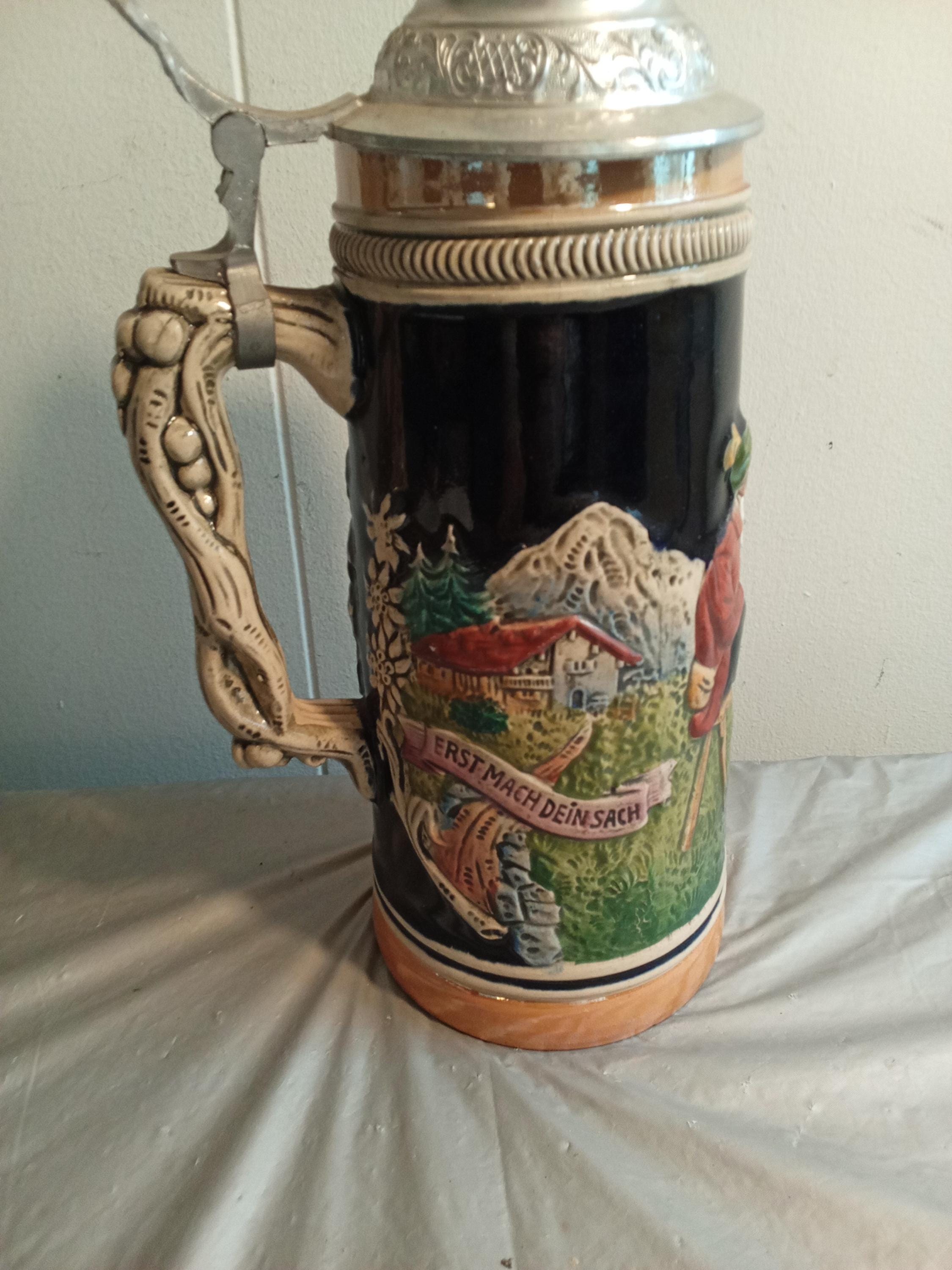 Large Germany Lidded Beer Stein, Dann Trink Unk Lach, Erst Mach