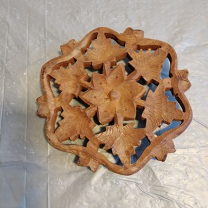 Vintage Carved Wood Trivet, Floral Leaf Trivet