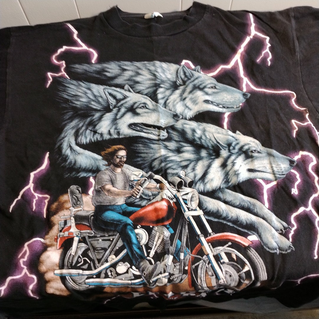 Vintage Sunrise Turquoise Leader of the Pack Wolf Biker T Shirt