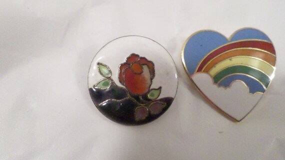 2 Vintage Enamel Pins, Rose Pin, Rainbow Heart Pin - image 2