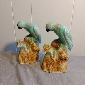 May include: A pair of ceramic parrot bookends. The parrots are perched on tree stumps and are painted in shades of green and brown.
