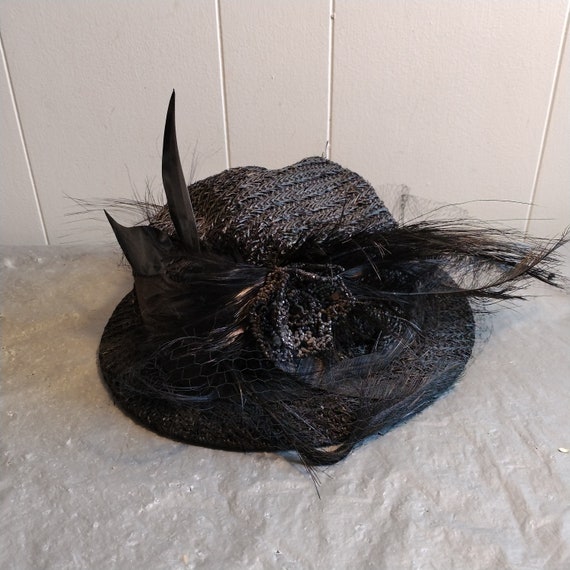 Vintage Womans Hat, Plastic Hat with Beading & Fe… - image 1
