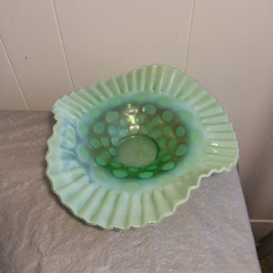 Vintage Opalescent Green Ruffled Edge Dot Glass Bowl