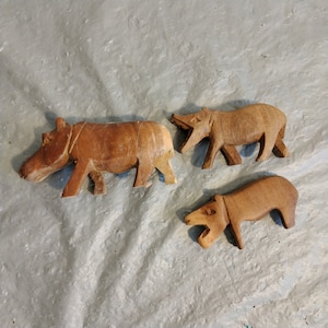 3 Vintage Wood Carved Small Hippo Figurines, Hippopotamus