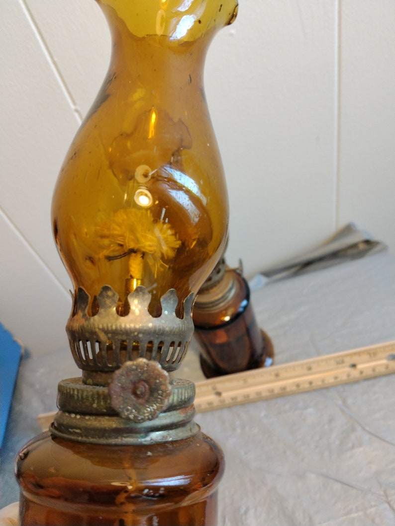 Pair 9 1/4 Vintage Amber Glass Oil Lamps Hong Kong Oil Etsy