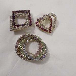 3 Vintage Layered Rhinestone Brooch, Heart Square Circle Brooch