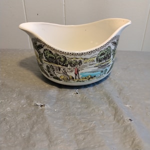 Vintage Gray Boat with Fishing Scene