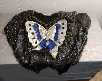 Vintage Silk Butterfly Sequin Top Medium, Turning Point Import Embellished Top