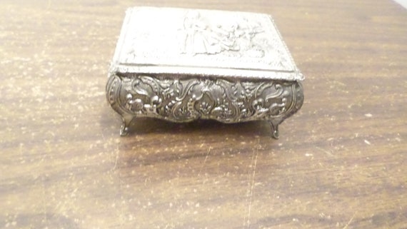 Vintage Metal Trinket Box, Man Woman Garden Scene… - image 2