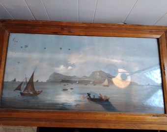 39.25x22" Vintage Framed Sea Sailboat Mountain Scene Print, Asian Fishing Print