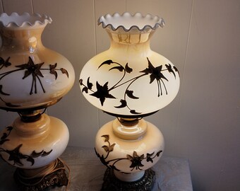 Pair Vintage Gone with the wind Lamps, White Milk Glass with Overlay, Luster Table Lamps