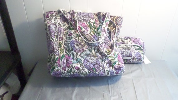 NOS 2pc Vera Bradley Purple Floral Tote & Clutch, Diaper Bag Tote
