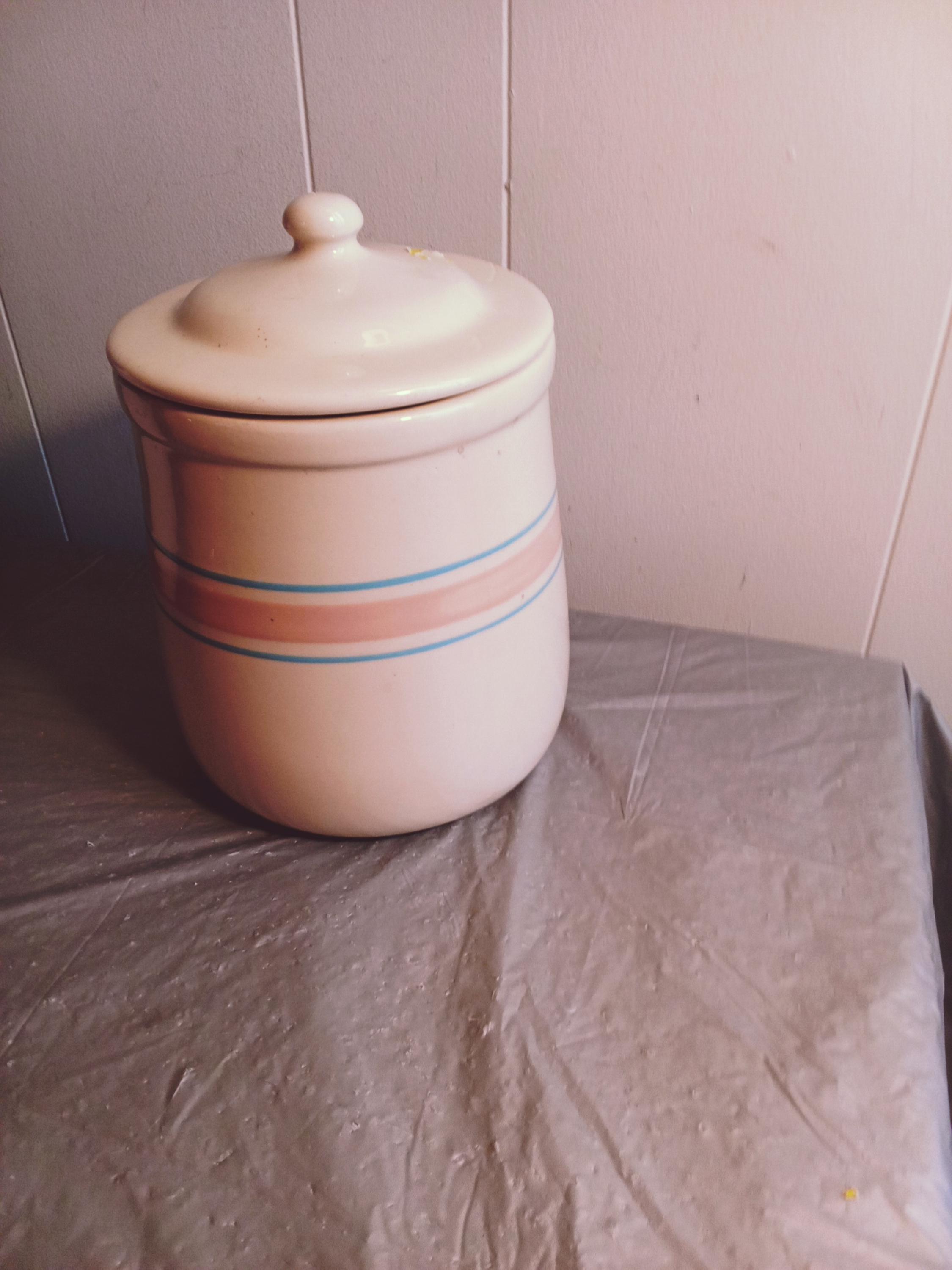 Vintage Mccoy Cookie Jar, Cream W/ Pink Turquoise Stripe, Read