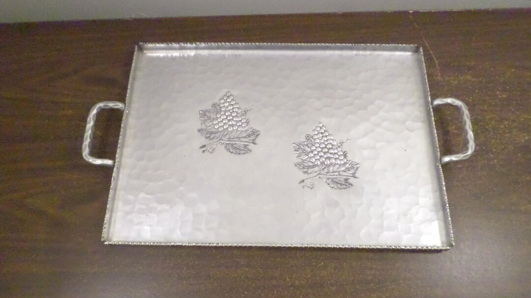 Vintage Hammercraft Hand Hammered Aluminum Tray, Grape & Leaf Design