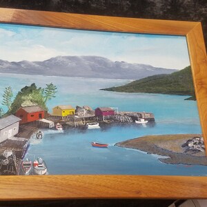 Beautiful Lakeside Fishing Town Mountain Folk Art Painting On Paneling Framed 18" X 14.5" Including Frame