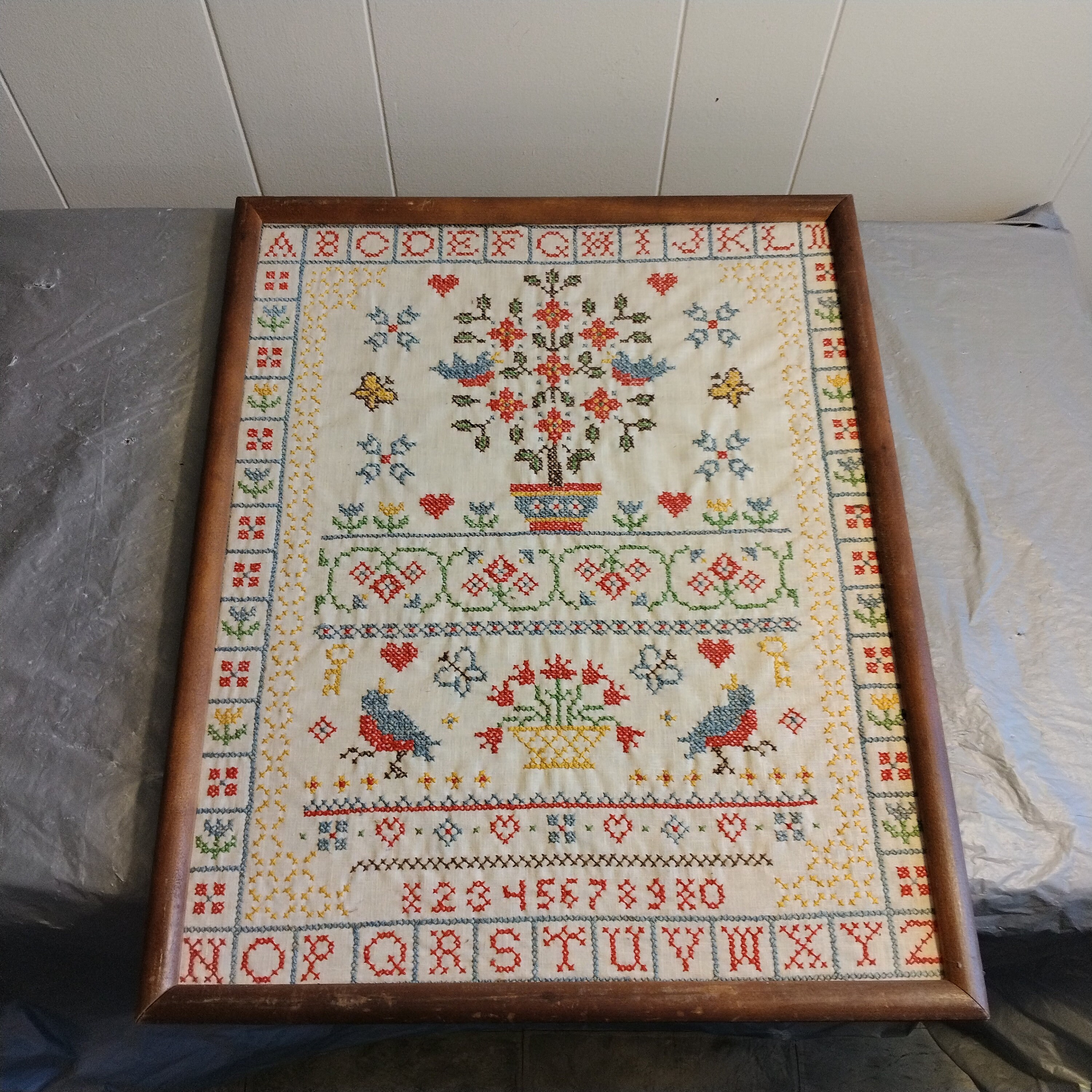 17x21" Cross Stitch Embroidery Sampler, Tree Heart Bird Sampler