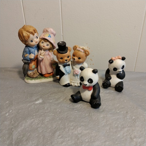 4pc Figurine Lot, Avon Panda Bears, Homco Wedding Bears, Boy & Girl