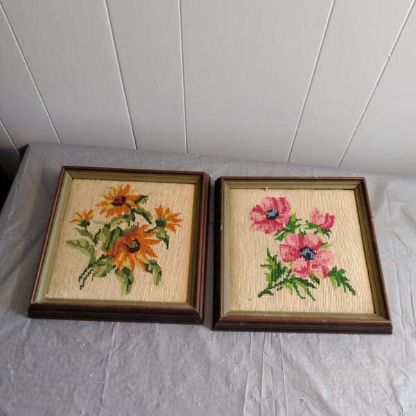 2 Vintage Floral Framed Tapestries, Textile Art