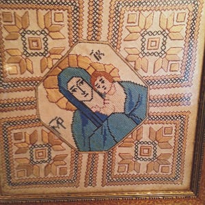 16x16" Framed Embroidered Ukranian Madonna & Child