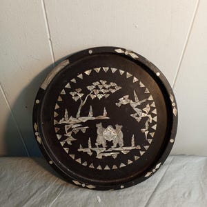 Antique Mother of Pearl Inlaid Lacquer Papier Mache Tray, Read Description