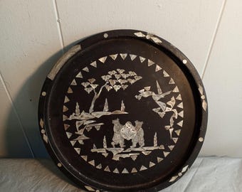 Antique Mother of Pearl Inlaid Lacquer Papier Mache Tray, Read Description