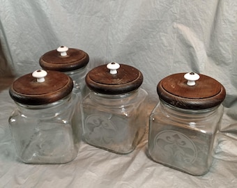 4pc Vintage Clear Jar Cannister Set Wood Lid