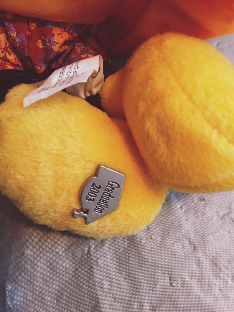Puede incluir: Primer plano de un juguete de peluche amarillo con una etiqueta que dice "Graduation 2003". El juguete est&aacute; hecho de un material suave y texturizado. El fondo incluye un vistazo de tela estampada.