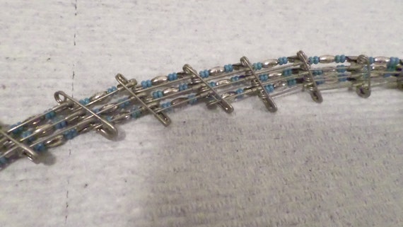 Vintage Artisan Safety Pin Blue Stone Silver Bead… - image 5