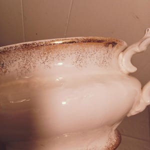 Puede incluir: Un tazón de servir de cerámica blanca con un borde dorado y un diseño moteado dorado. El tazón tiene dos asas.