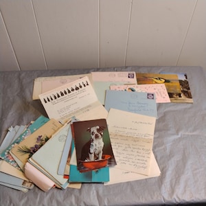 Lote de correspondencia personal de los años 1950, en un idioma distinto del inglés, postales de animales, cartas, tarjetas de felicitación, leer descripción, álbum de recortes