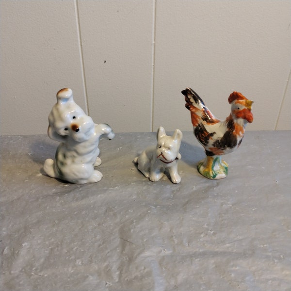 3 Vintage Japan Occupied Japan Animal Figurines, Rooster Boxer Scottie Figurine