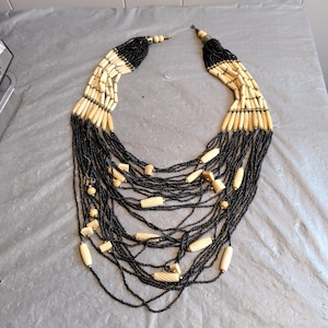Vintage Multi Strand Black & Beige Bead Necklace, Statement Necklace