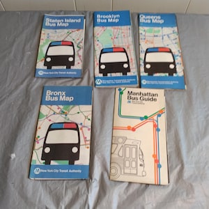 5 1970 New York Bus Maps, Manhattan Bronx Queens Staten Island Brooklyn Bus Maps, Look & Lies Beschreibung