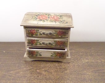 Vintage Wood Jewelry Box, Japan Musical Jewelry Box with Floral Rose Design, Music Box