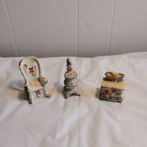 3pc Vintage Painted Mini Furniture Shakers, Rocking Chair, Coal Wood Stove, Oven