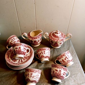 14pc Red & White Japan Tea Set, Ucagco, Red Willow Demitasse Tea