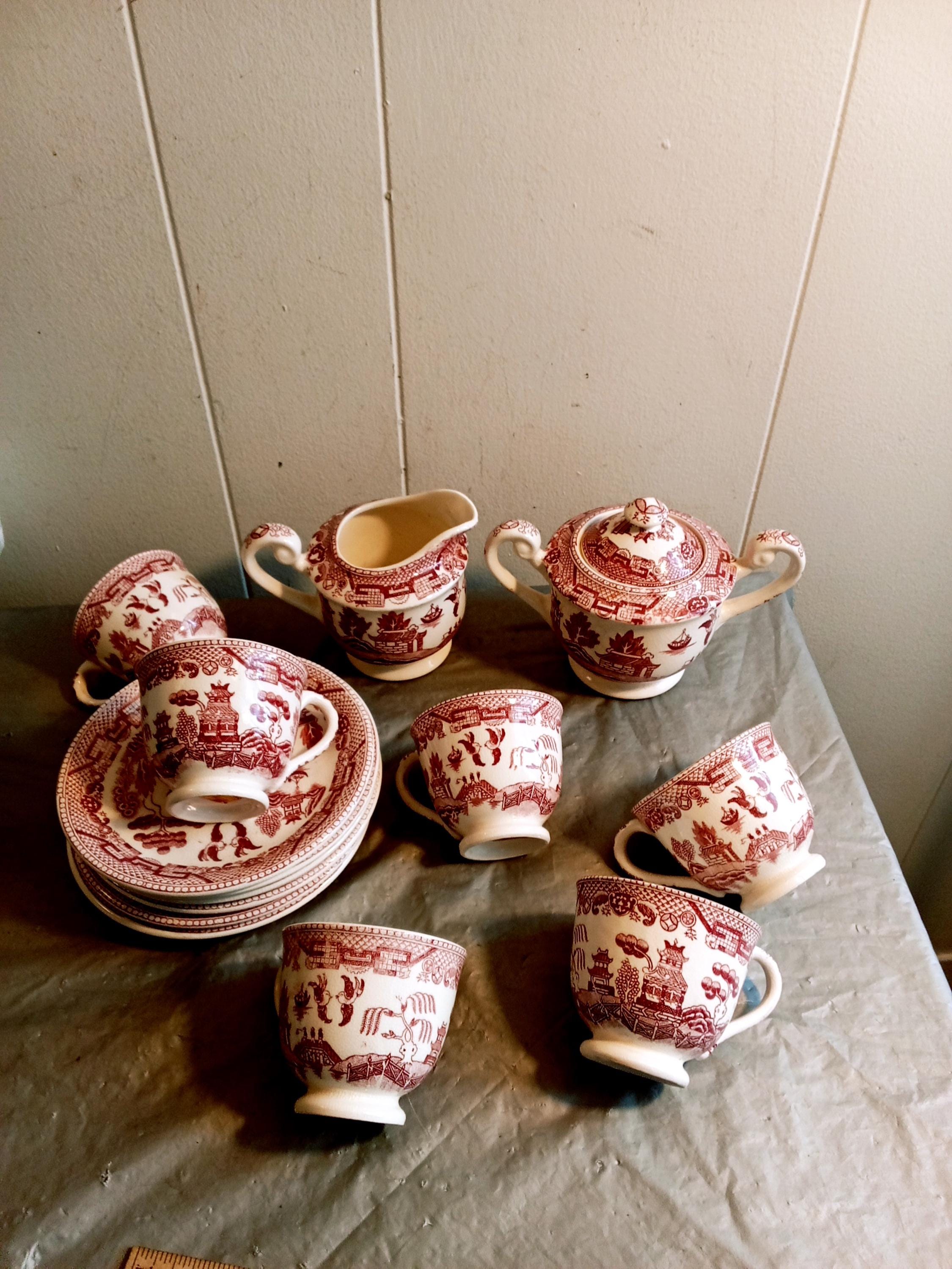14pc Red & White Japan Tea Set, Ucagco, Red Willow Demitasse Tea