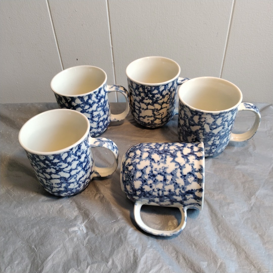 5 Vintage Folk Craft Tienshan Sponge Mugs, Blue Spongeware Mugs Etsy