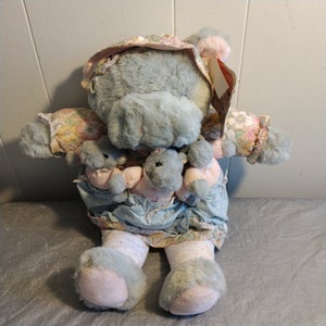1990s Vintage Cuddle Wit Plush Hippo with Baby Hippos, Plush Hippopotamus
