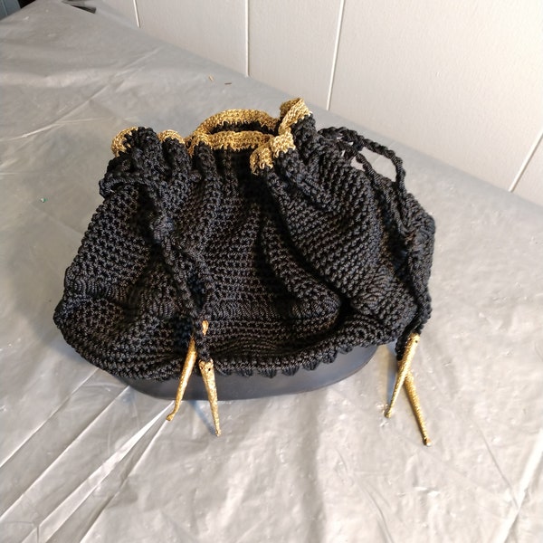 Vintage Black Crochet Handbag Purse Evening Bag