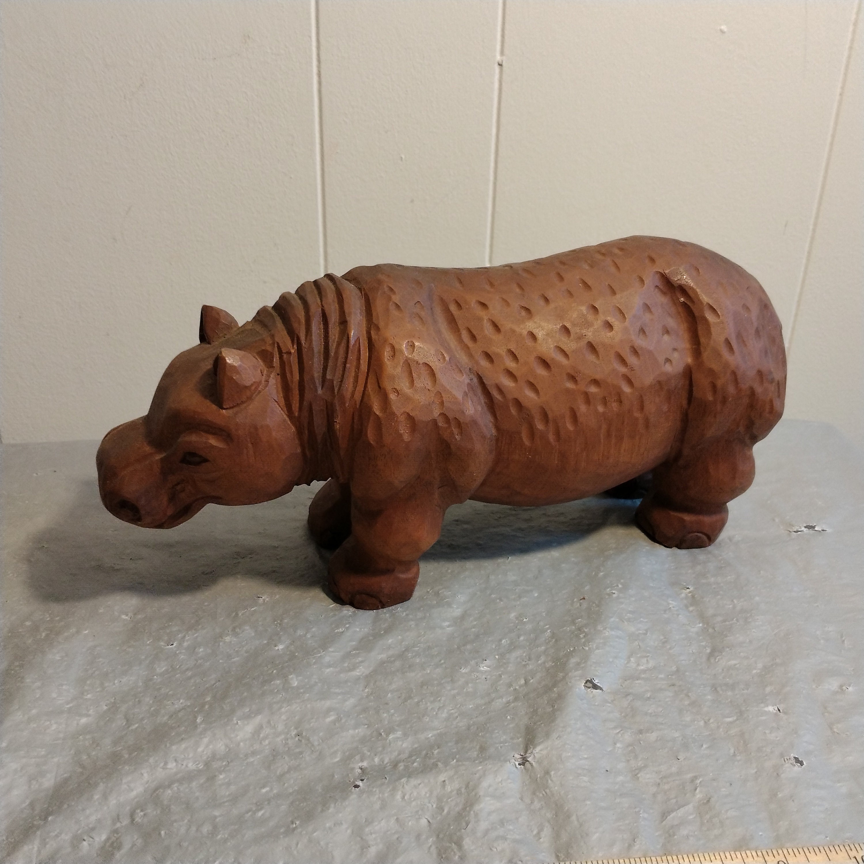 Large Vintage Signed Mexico Wood Carved Hippopotamus Hippo Figurine