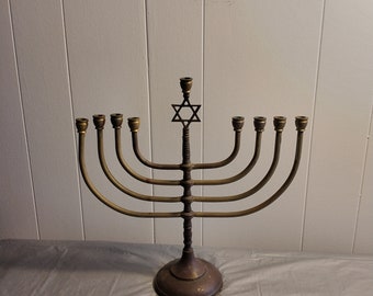 Vintage Brass Menorah with Star of David, Judaic Religious Decor