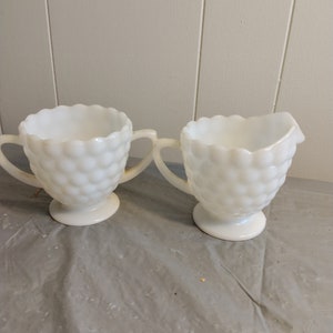 Vintage White Milk Glass Creamer & Sugar, Raised Dot Pattern