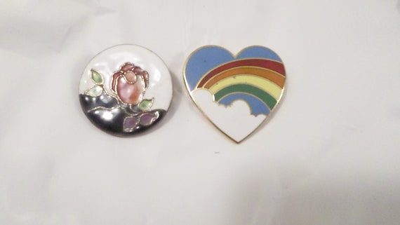 2 Vintage Enamel Pins, Rose Pin, Rainbow Heart Pin - image 1