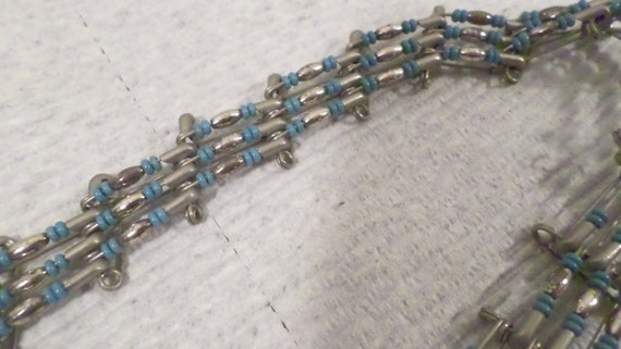Vintage Artisan Safety Pin Blue Stone Silver Bead… - image 9