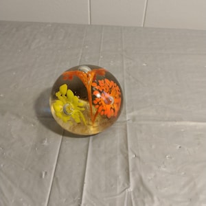 Vintage Domed Glass Paperweight, Floral Paperweight, Orange & Yellow Paperweight